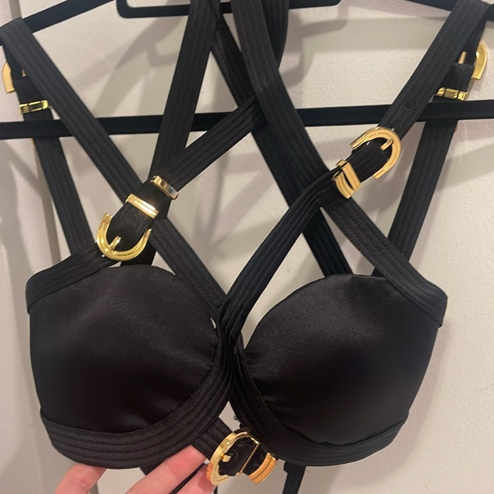 Versace 2019 runway bondage silk gold buckle top size 38 IT